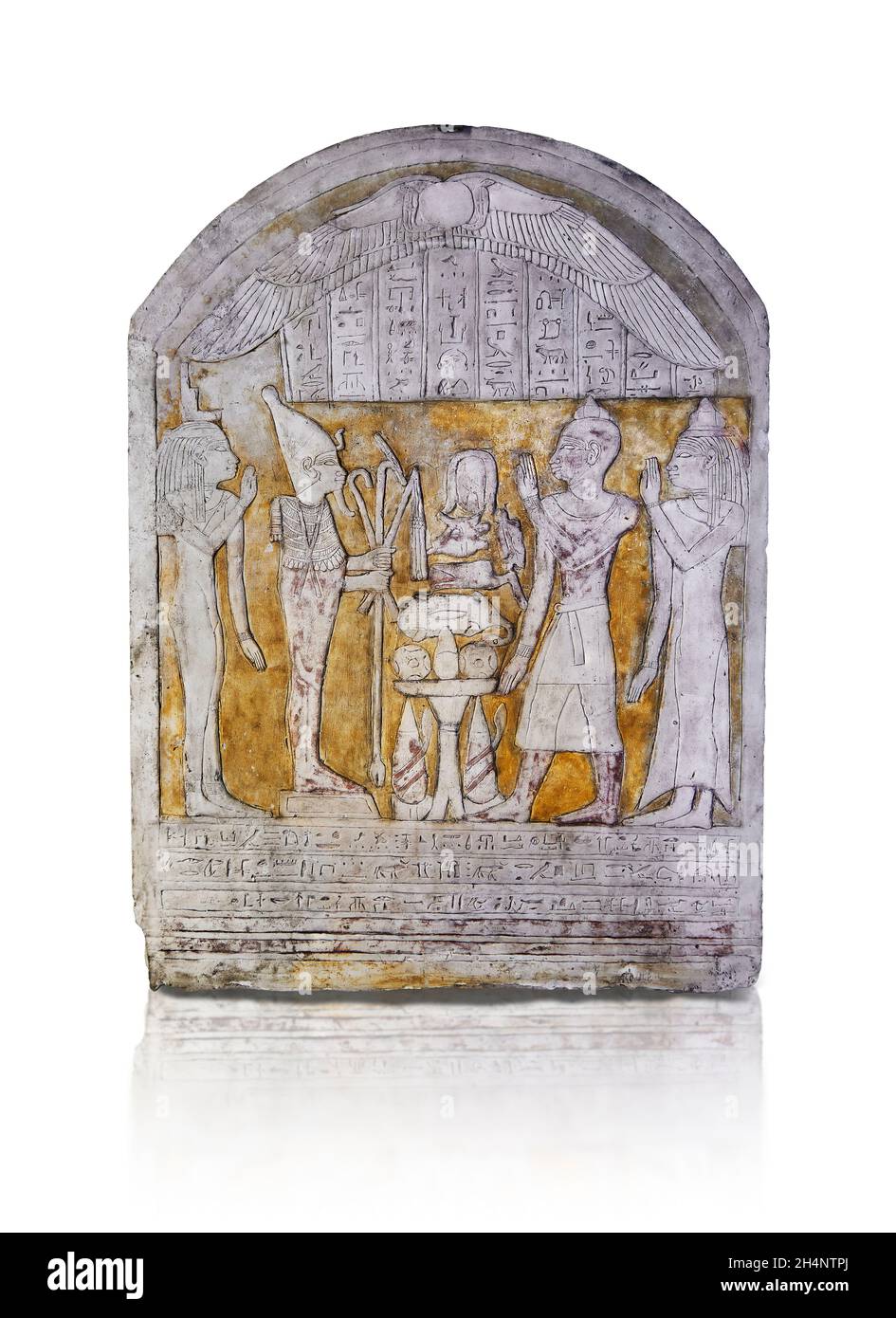Alte ägyptische Stele des Priesters Khonsouirdis und seiner Frau, 715-656 v. Chr., Kalkstein. Louvre Museum Inv. C110 oder N261. Anbetungsszene; Mann (Stand Stockfoto