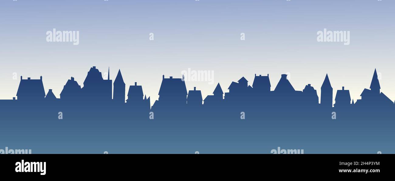 Kleine Stadt Straßen Silhouette. Dächer von Häusern. Landschaft auf dem Land. Flacher Cartoon-Stil. Nahtlose Illustration. Vektorgrafiken Stock Vektor