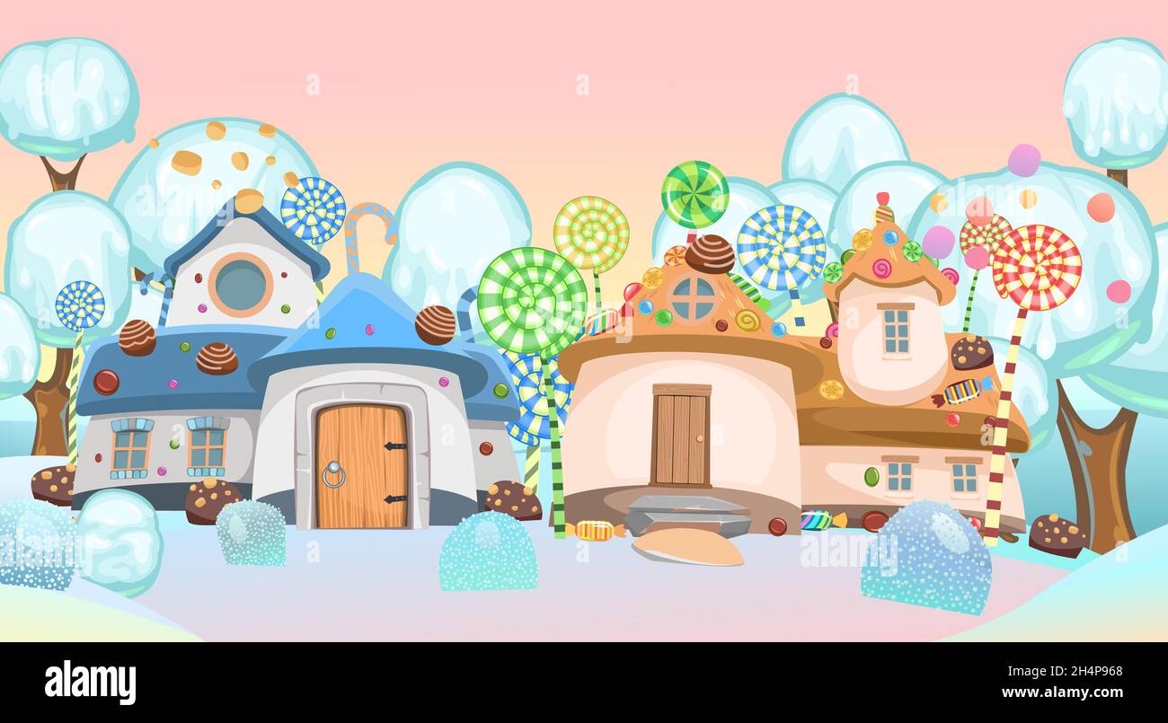 Candy-Hütte im Winterwald mit Bäumen aus Eis mit Nüssen. Süßes Karamell-Feenhaus. Sommer niedliche Landschaft. Abbildung im Cartoon-Stil flach Stock Vektor