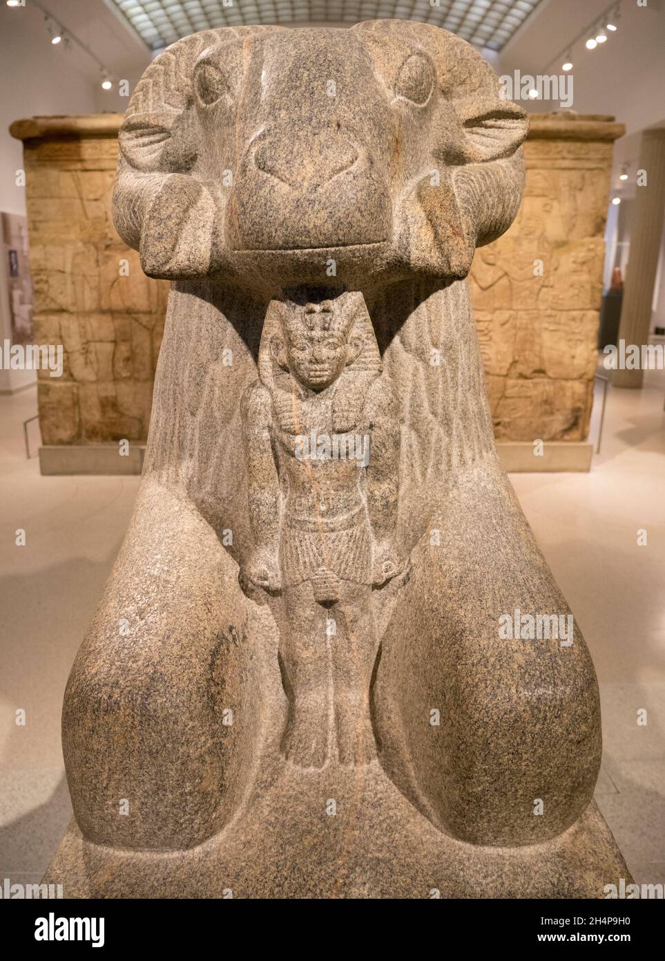 Skulptur des ägyptischen gottes Amun, mit Widder, ausgestellt im Ashmolean Museum. Amun ist der altägyptische gott der Sonne und der Luft und einer der m Stockfoto