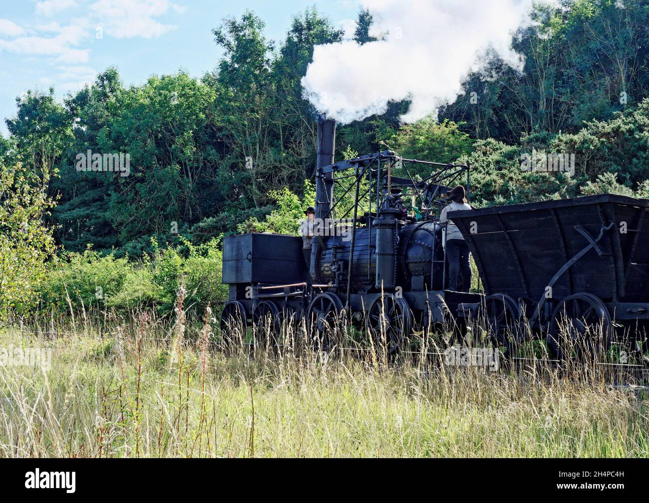 'Puffing Billy' eine Nachbildung eines Motors, der 1813-1814 von William Hedleyn gebaut wurde, gesehen auf der Pockerly Tramway im Beamish Museum in der Grafschaft Durham. Stockfoto