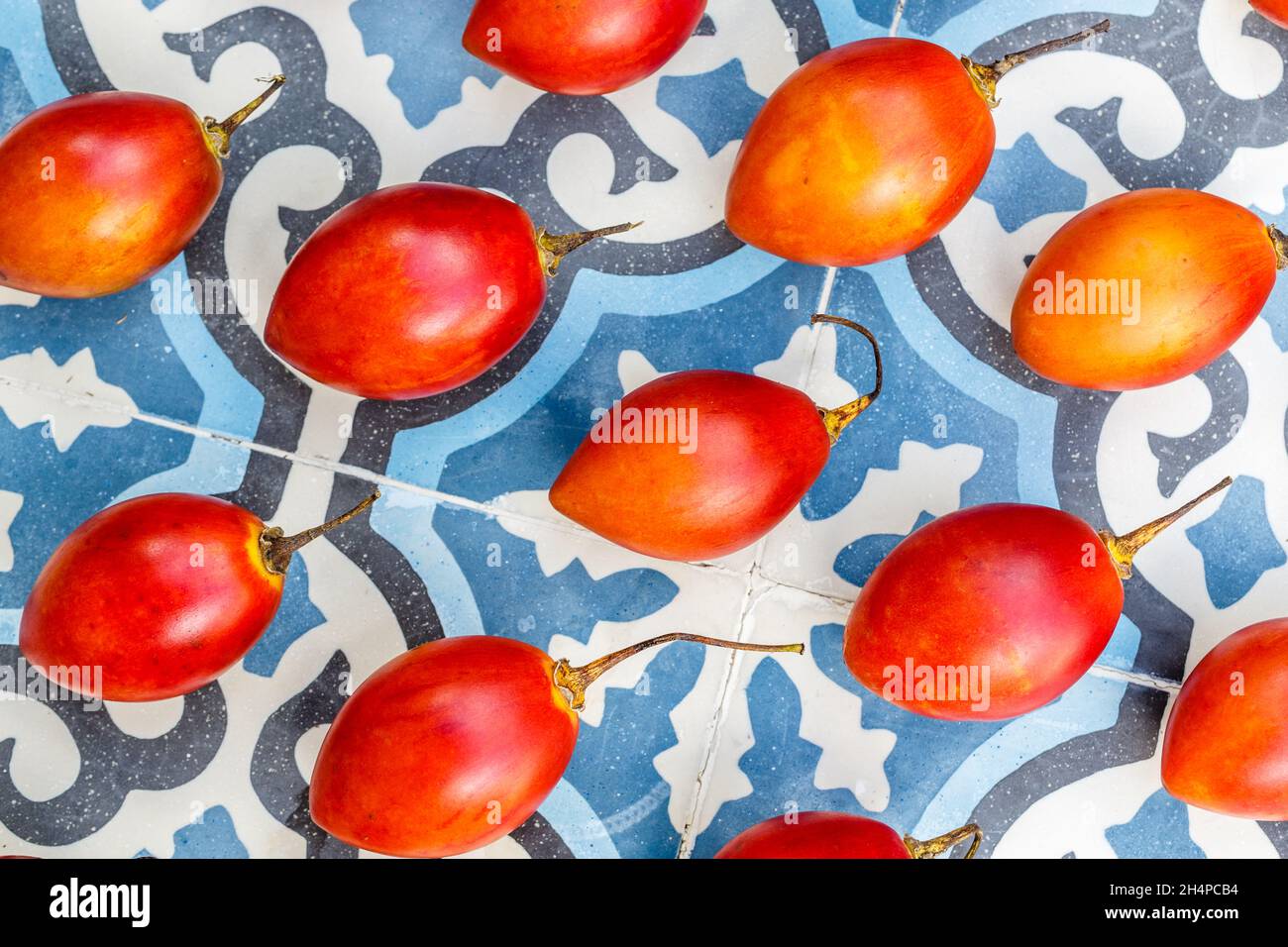 Frische Tamarillo-Früchte auf blauem Fliesenhintergrund. Bali, Indonesien. Stockfoto