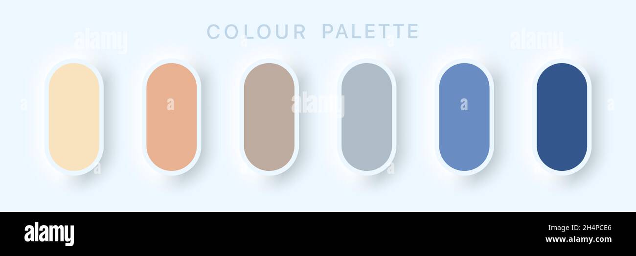Katalog Der Leitungspalette. Beispiele für Pastell-Farben. Bunte weiche Knöpfe oder lebendige Farbkugeln flach. Neomorphismus Vektordarstellung. Stock Vektor