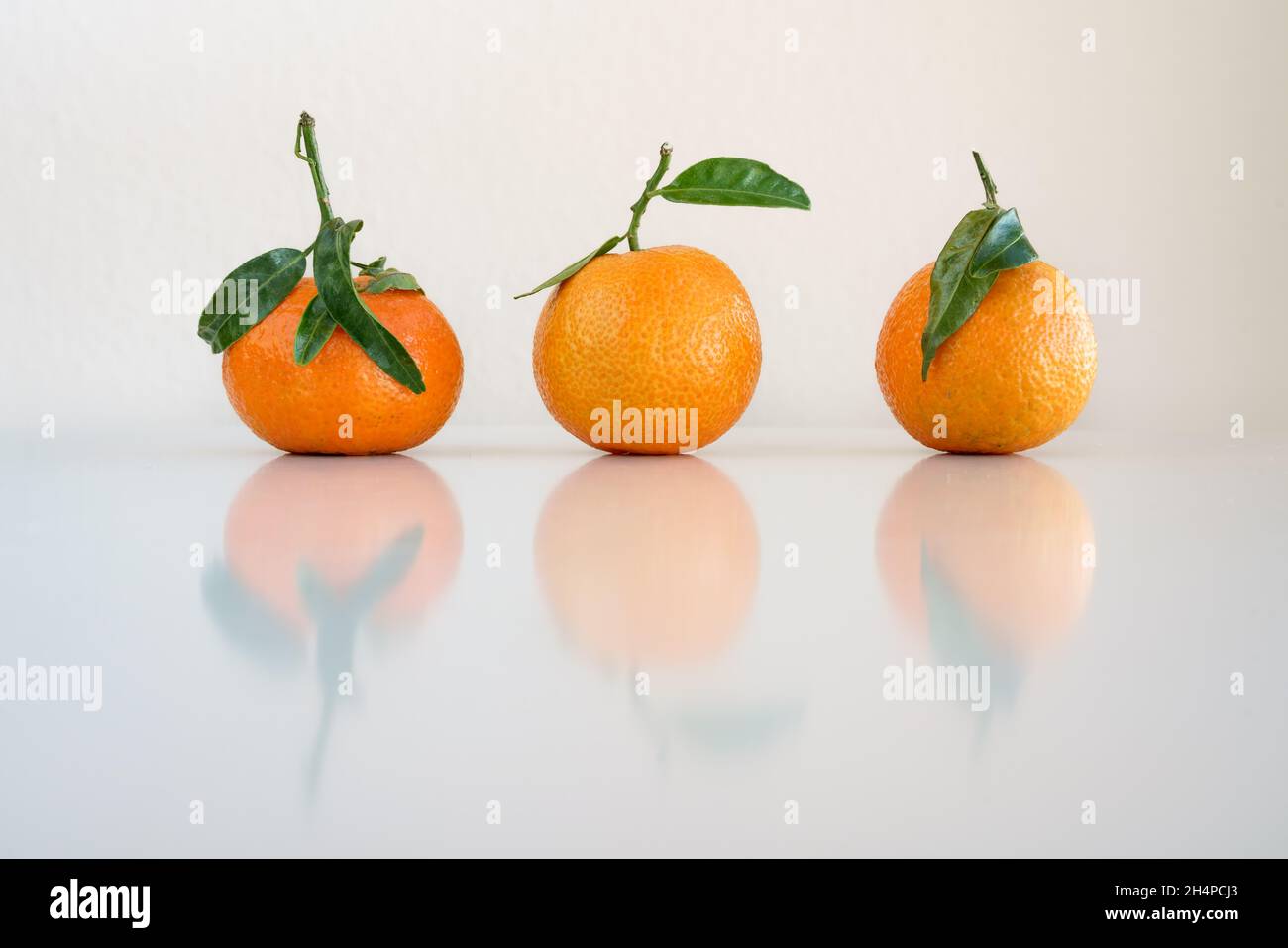 Drei frische reife Mandarinen mit Blatt auf weißem glänzenden Tisch mit Spiegelung Stockfoto