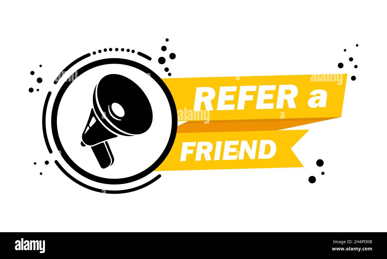 Megaphon mit „Freund empfehlen“-Banner. Lautsprecher. Label für Unternehmen, Marketing und Werbung. Vektor auf isoliertem Hintergrund. EPS 10. Stock Vektor