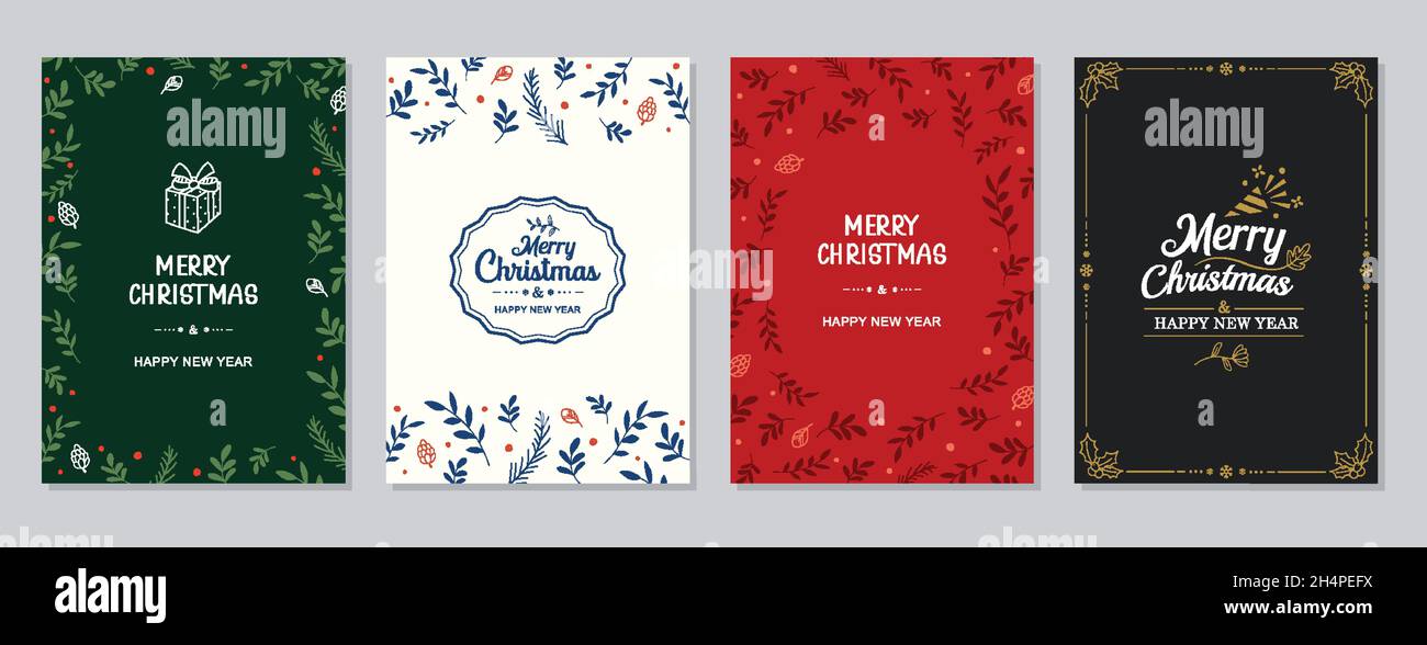 Frohe Weihnachten und Glückwunschkarten und Einladungen zum neuen Jahr. Happy Holiday Rahmen und Hintergründe Design. Stock Vektor