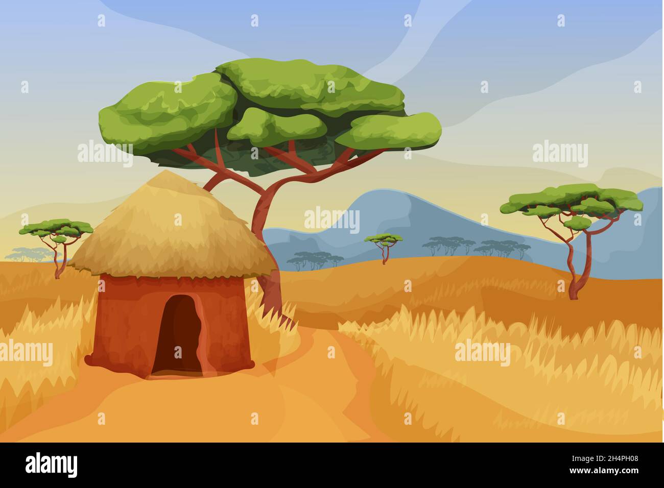 Savannah Landschaft, Landschaft mit traditionellen Hütte, Akazien, Straße, blauen Himmel und Berge in Cartoon-Stil isoliert auf weißem Hintergrund. Afrikanisches PR Stock Vektor