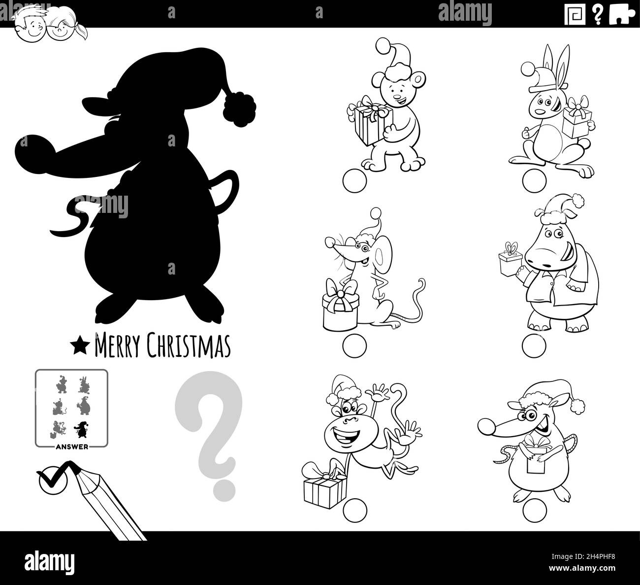Schwarz-Weiß-Cartoon-Illustration der Suche nach dem richtigen Bild für die Schatten pädagogische Aufgabe für Kinder mit Tieren Charaktere auf Weihnachten tim Stock Vektor