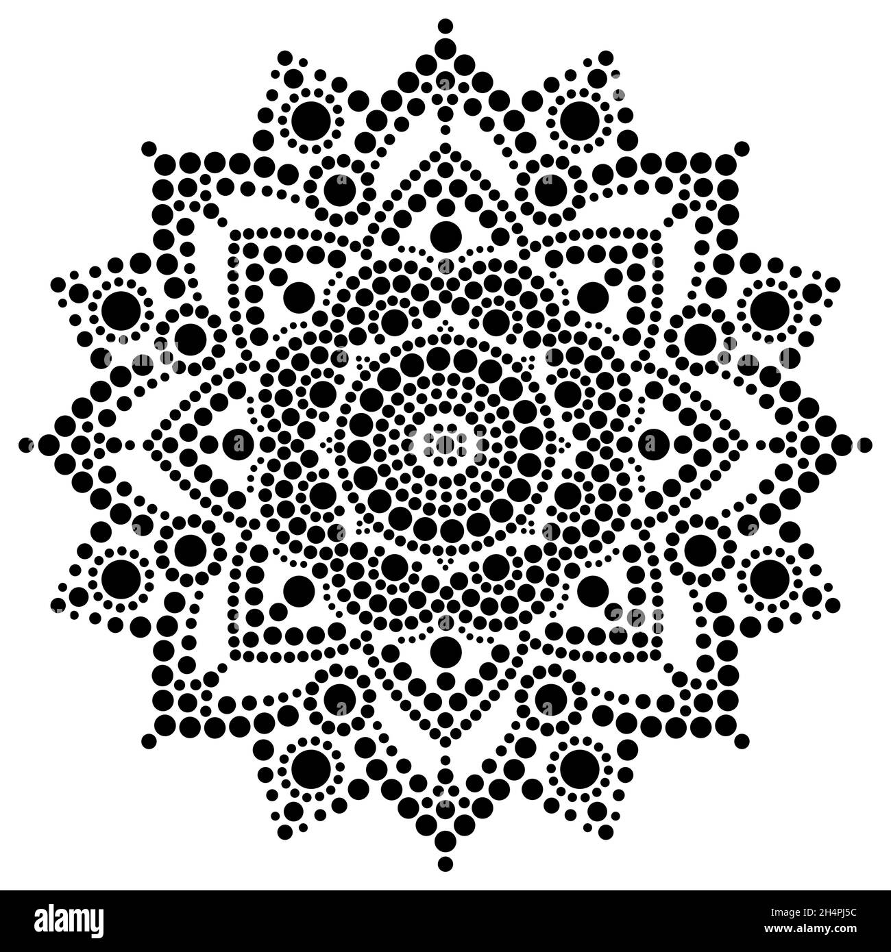 Mandala-Vektor-Punktkunst, Aborigine-Punktmalerei, Retro-Folk-Design, inspiriert von traditioneller Kunst aus Australien in Schwarz auf weißem Hintergrund Stock Vektor