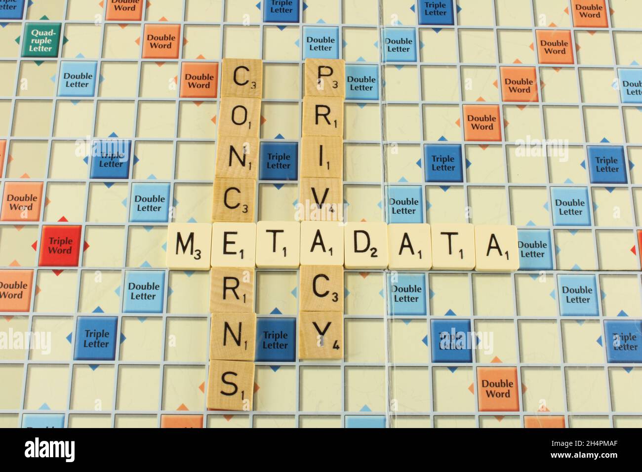 Datenschutz bei Metadaten mit Metadaten in Weiß, um die Betonung auf ein Scrabble-Board zu legen Stockfoto
