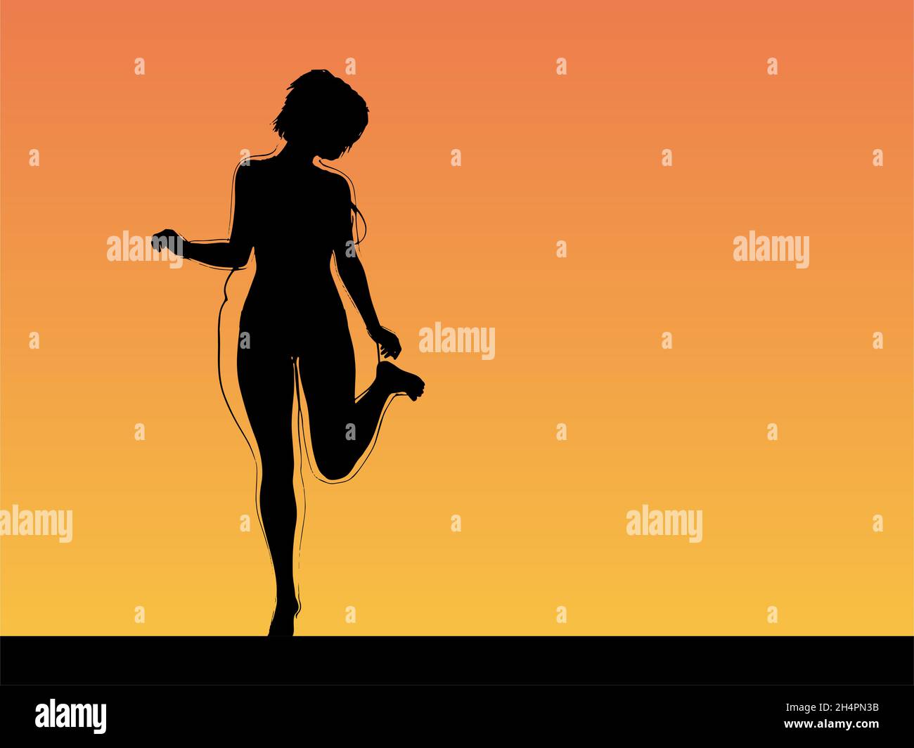 Conceptual Fat Übergewicht fettleibig weiblich vs schlank fit gesunden Körper nach der Gewichtsabnahme oder Ernährung mit Muskeln dünn junge Frau über Sonnenuntergang. Fitness, Ernährung Stockfoto