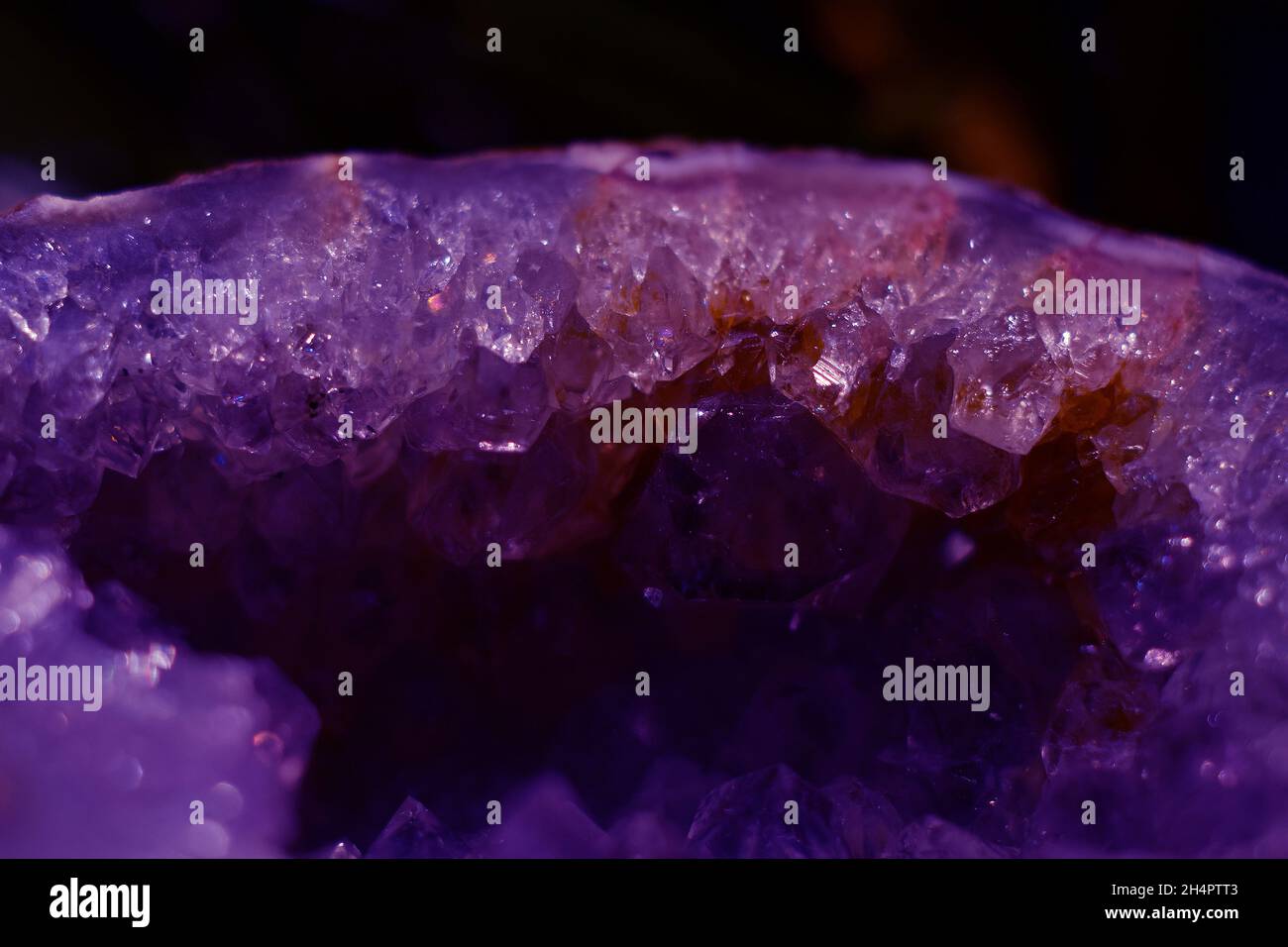 Schöne Druse von natürlichen lila Mineral Amethyst Nahaufnahme. Nahaufnahme. Edelsteinkristalle. Stockfoto