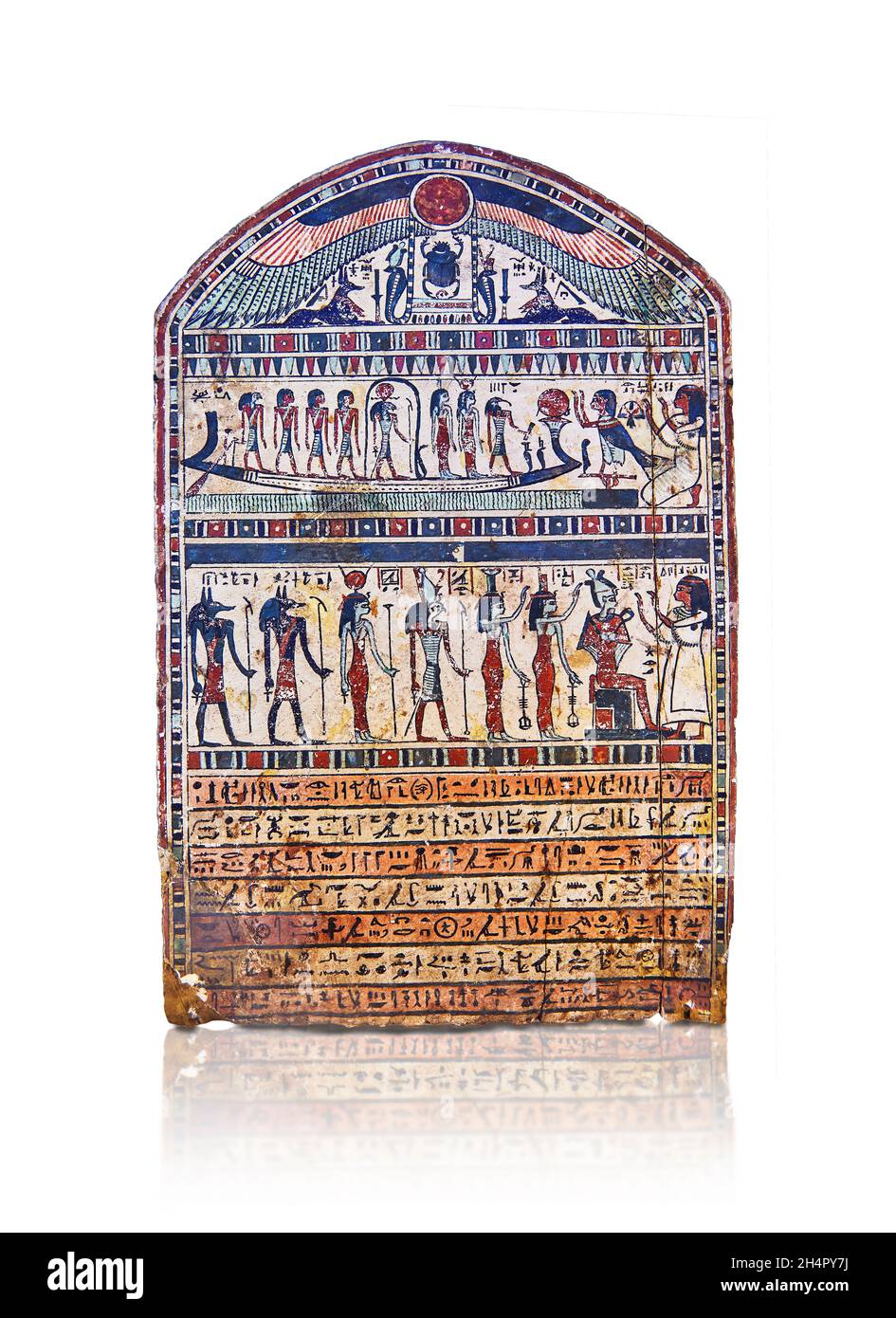Ptolemäische ägyptische Stele des Disiset-Musikers von Amon Re, 250-200 v. Chr., ptolemäisches Königreich, Holz . Louvre Museum N2700. Erstes Register; Anbetungsszene; Stockfoto