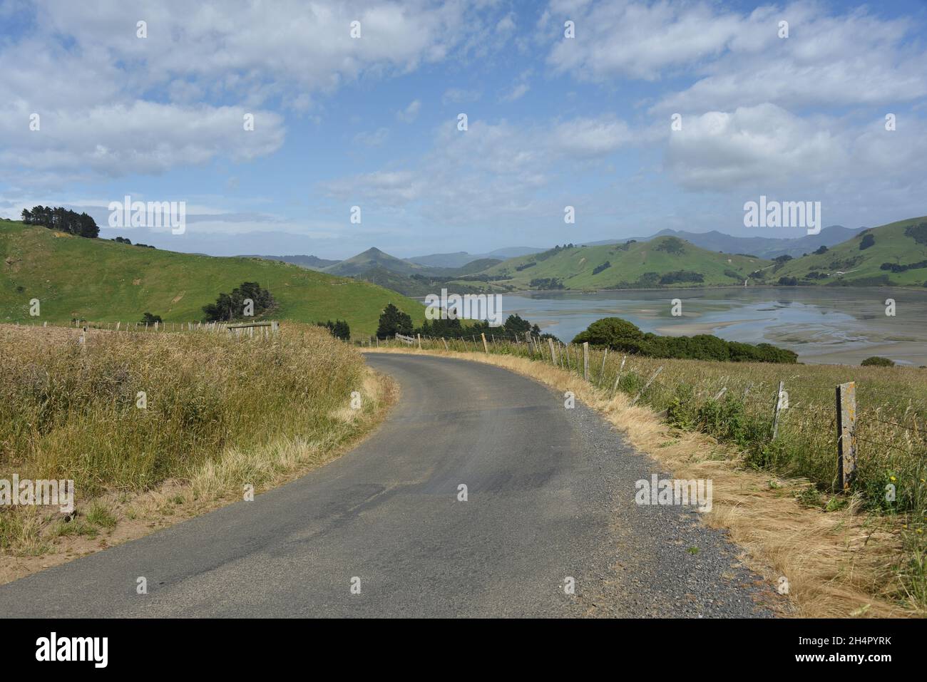 Panorama-Landschaftsübersicht über die wunderschöne Bucht und die Berge von hoch oben auf der Halbinsel Dunedin auf der Südinsel Neuseelands. Stockfoto