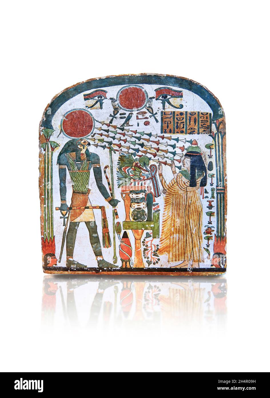 Alte ägyptische Stele der Dame Taperet, 10. Oder 9. Jahrhundert v. Chr., 22 Dynastie, bemaltes Holz . Louvre Museumkinv E52. Taperet betet zum sonnengott Re Stockfoto