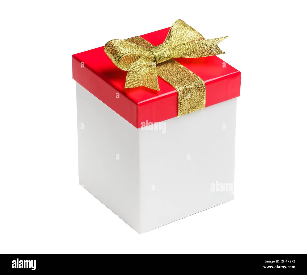 Weiße Geschenk-Box mit rotem Deckel und goldenem Bogen isoliert auf weißem Hintergrund. Stockfoto