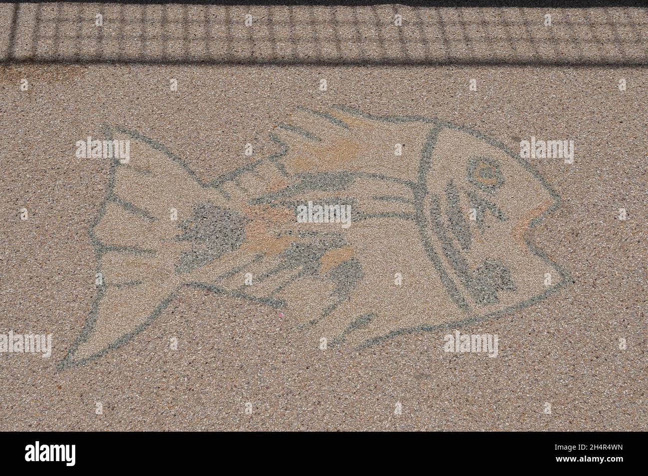 Detail der Pflasterung der Hafenpromenade mit einem bunten Fisch geschmückt, San Vincenzo, Livorno, Toskana, Italien Stockfoto