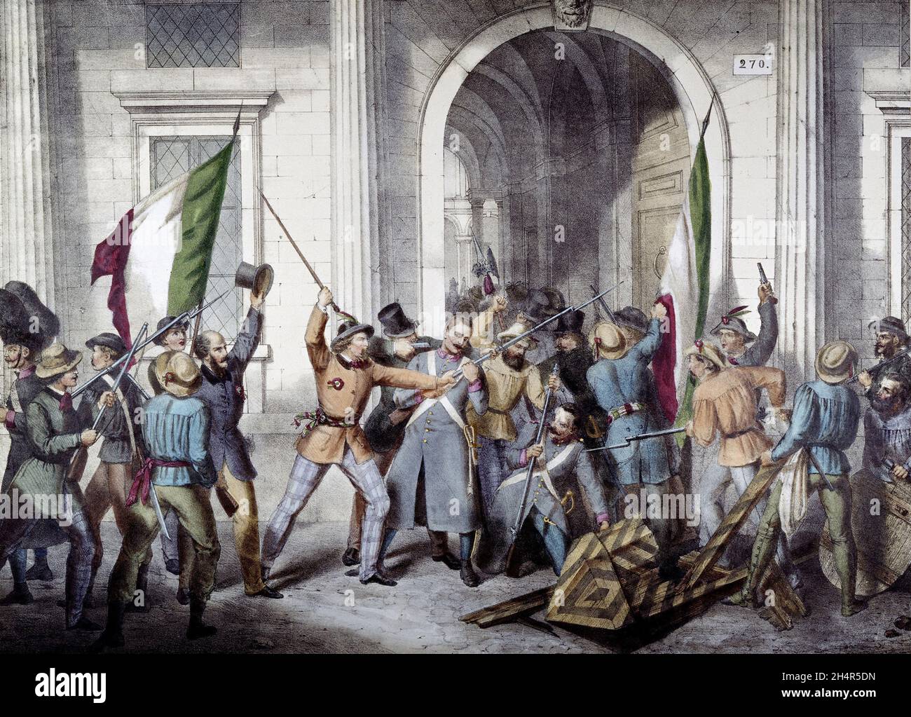 Risorgimento, erster italienischer Unabhängigkeitskrieg: „das Volk nimmt den Regierungspalast in Mailand ein (während der fünf Tage von Mailand am 18/03/1848)“ Stockfoto