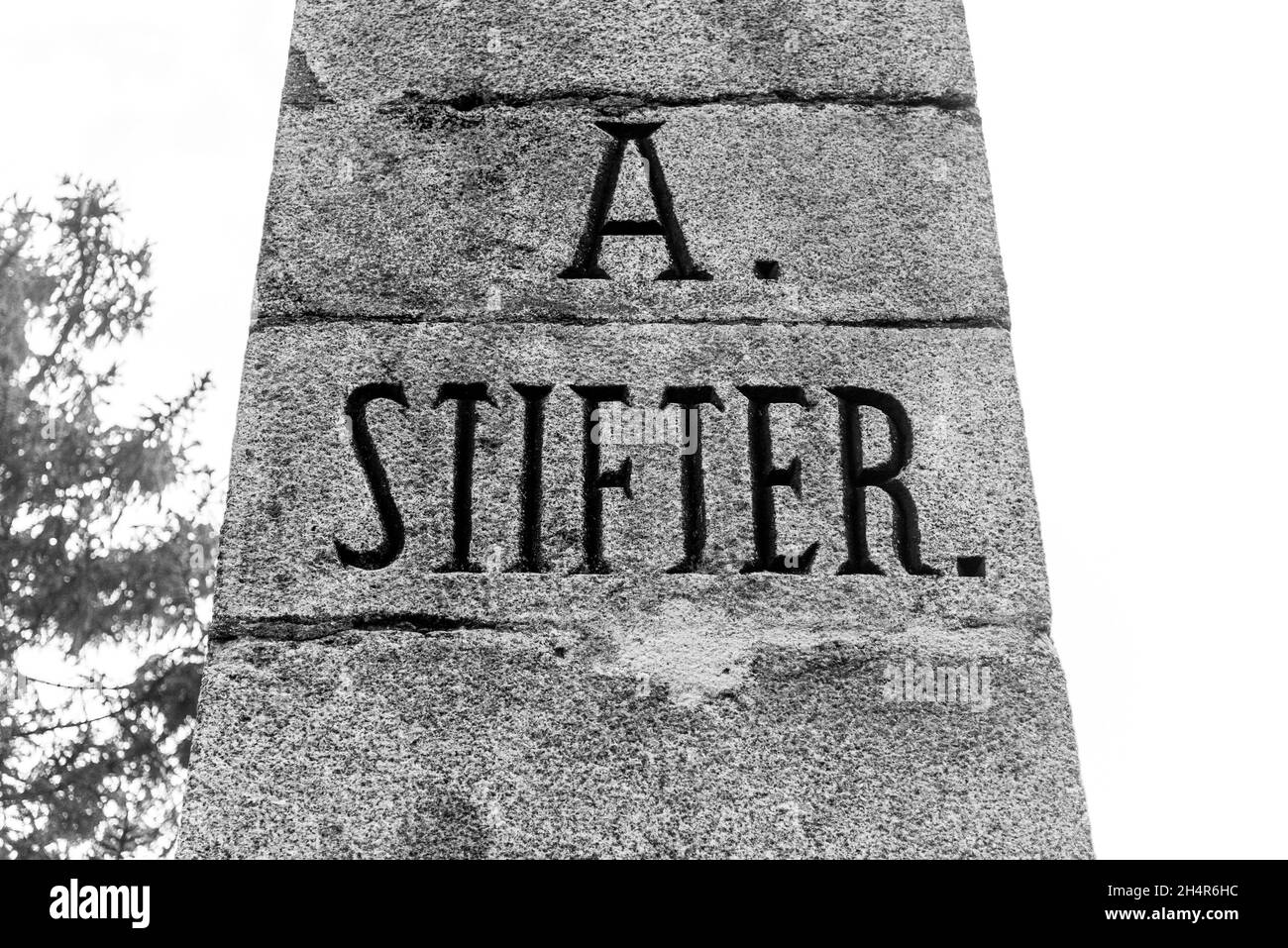 Detailansicht des eingravierten Namens von Adalbert Stifter - Schriftsteller der Sumava-Berge - auf einem Steinmonument über dem Plechy-See, Sumava-Nationalpark, Tschechien Stockfoto