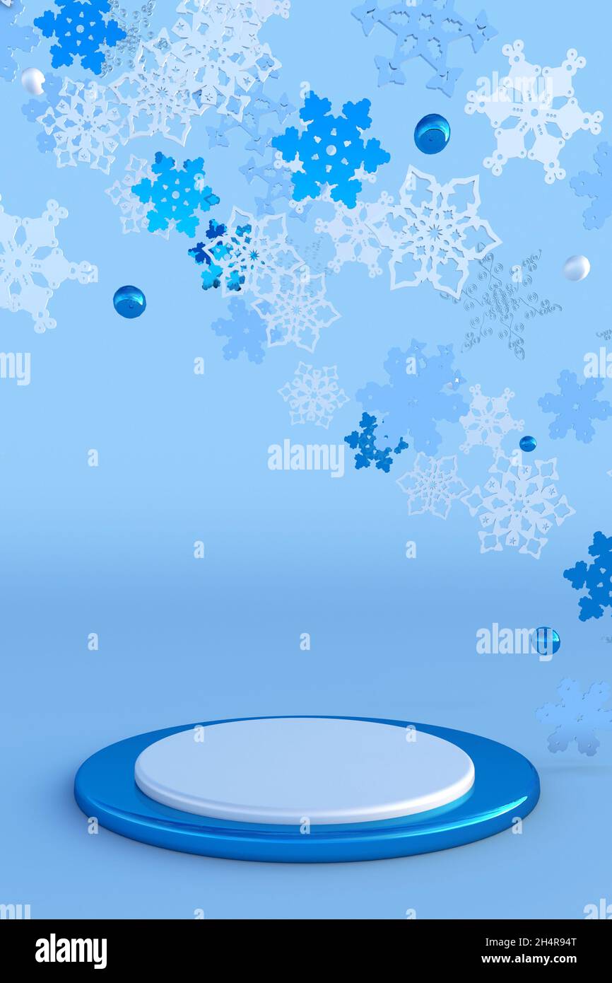 Abstraktes blauweißes festliches 3D-Podium mit weihnachtlichen Schneeflocken. Kreative Wintermockup für Silvester Urlaub, Promo, Party, Event-Design. Stockfoto