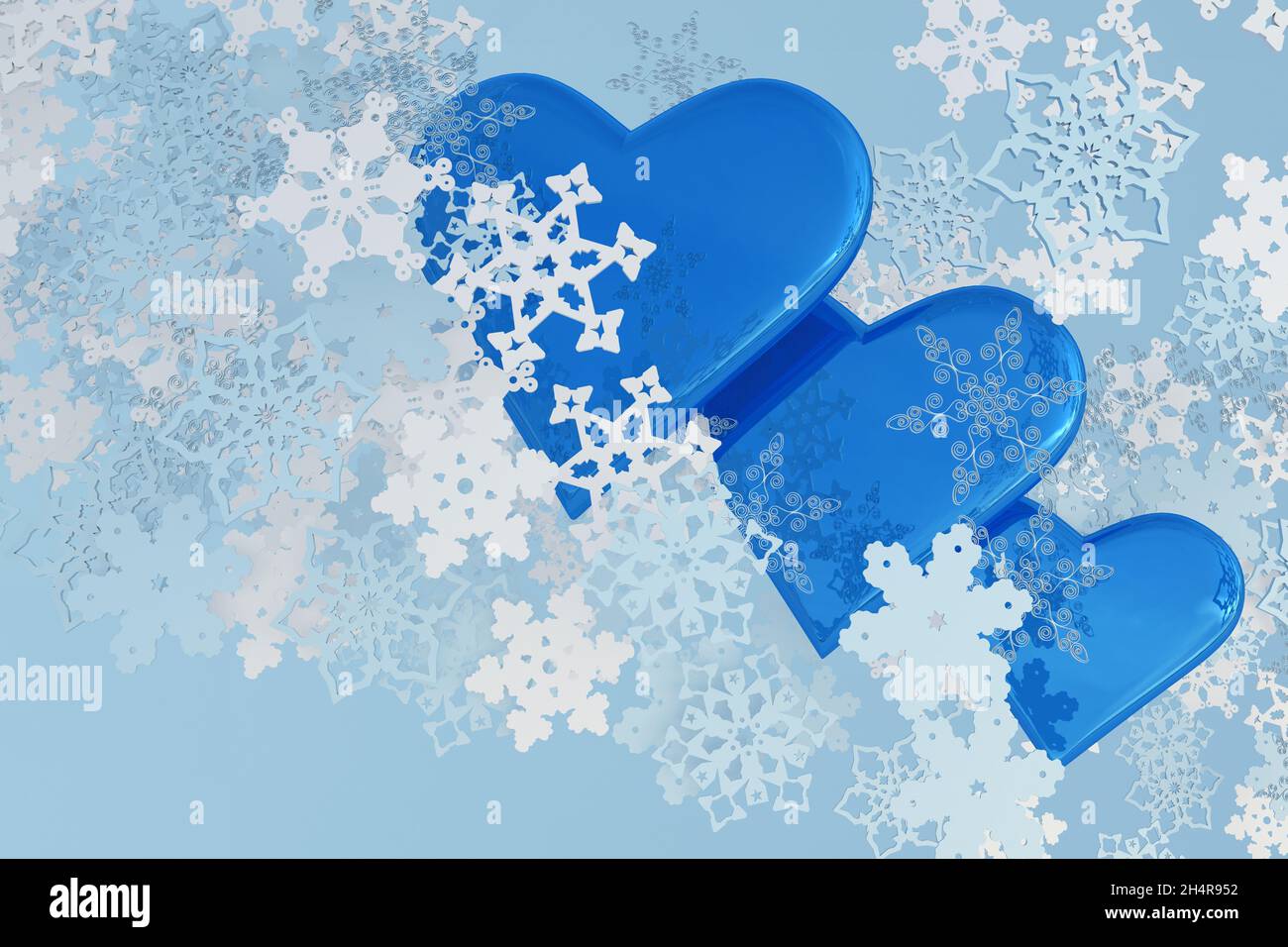 Weiße 3D-Schneeflocken in Wellenform. Blaue eisige Herzen, Winter St Valentine Hintergrund. Frohe Weihnachten und ein glückliches neues Jahr 2022 Design für Karte, Banner, ich Stockfoto