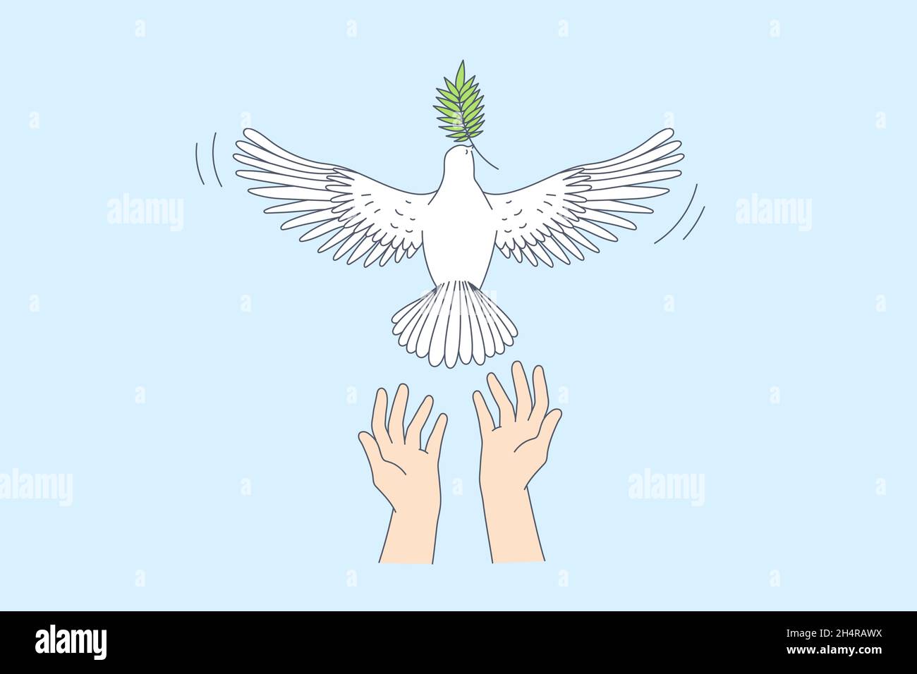 Freiheit und Freigabe guter Nachrichten Konzept. Menschliche Hände lassen weiße Taube mit grünem Blatt im Schnabel über blauen Himmel Hintergrund Vektorgrafik gehen Stock Vektor