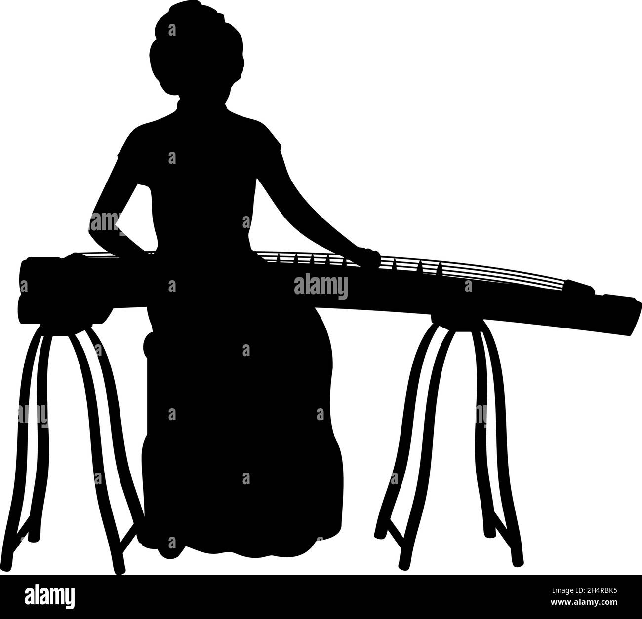 Silhouette eines Mädchens, das ein Saiteninstrument aus Ostasien spielt. Stock Vektor