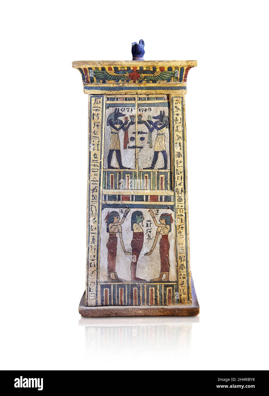 Ptolemäische ägyptische Grabkiste von Djedhor, 200-30 v. Chr. Louvre N2644 oder 295. Dekoration: 1. Register; Spiegelbild des gottes Anubis, gott mit Hundehea Stockfoto