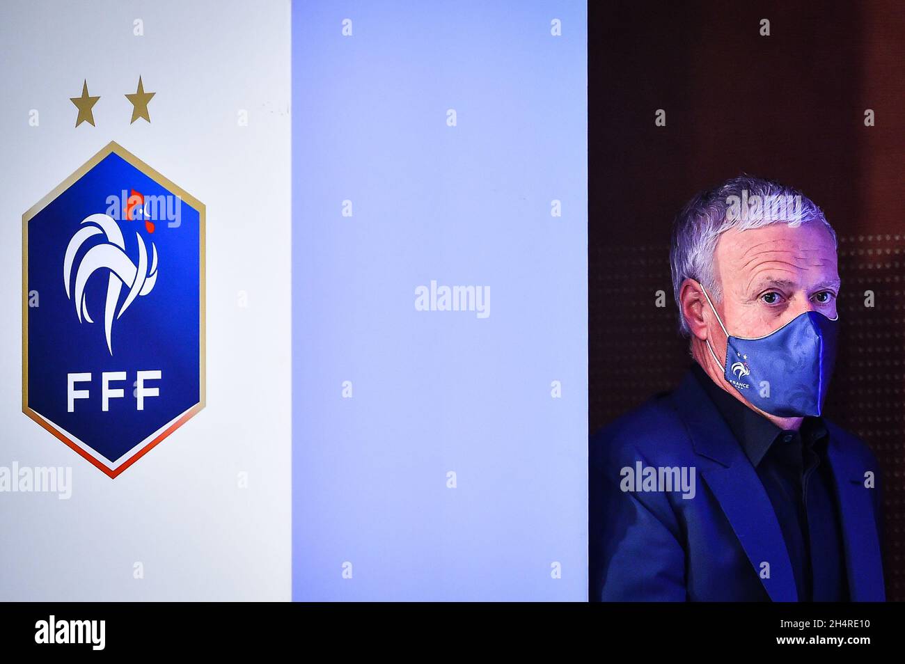 Pressekonferenz des französischen Nationalmannschaftstrainers Didier Deschamps, Bekanntgabe der Liste der ausgewählten Spieler für die WM 2022-Qualifikation am 13. Und 16. November 2021 beim französischen Fußballverband am 4. November 2021 in Paris, Frankreich - Foto: Matthieu Mirville/DPPI/LiveMedia Stockfoto