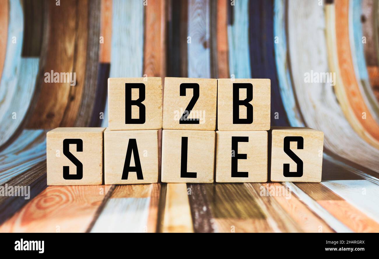 B2B-Verkaufstext auf Holzblöcken isoliert auf farbigem Hintergrund, Business- und Finanzpartnerschaftskonzept Stockfoto