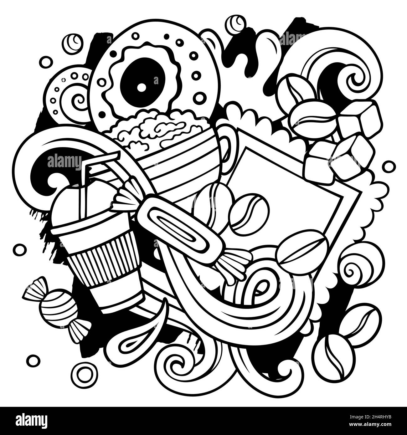 Cartoon-Vektor-Kritzeleien Coffee House Illustration. Strichbilder, detailliert, mit vielen Objekten im Hintergrund. Alle Objekte getrennt. Cafe lustiges Bild Stock Vektor