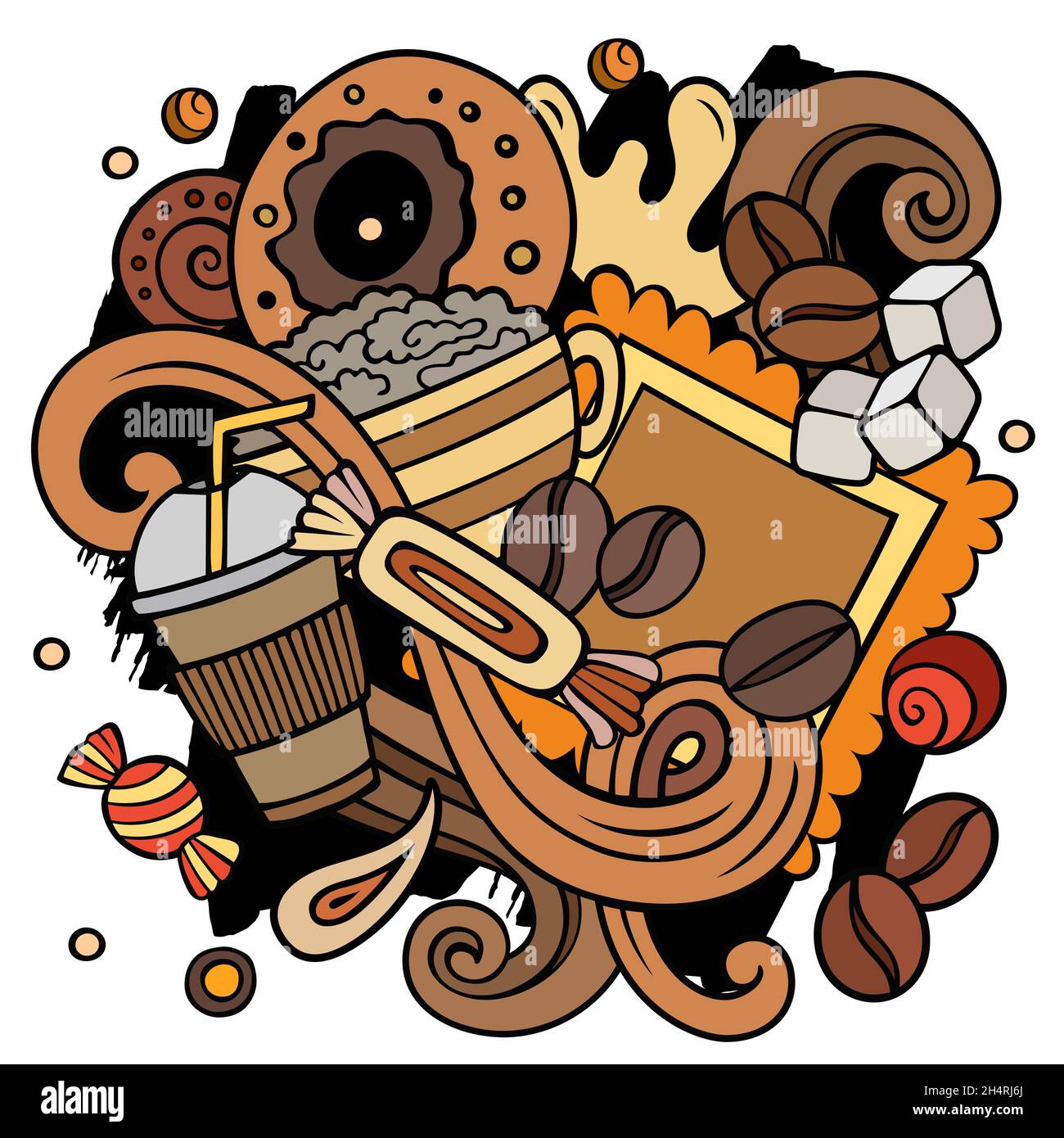 Cartoon-Vektor-Kritzeleien Coffee House Illustration. Bunt, detailreich, mit vielen Objekten im Hintergrund. Alle Objekte getrennt. Helle Farben Cafe lustig Stock Vektor