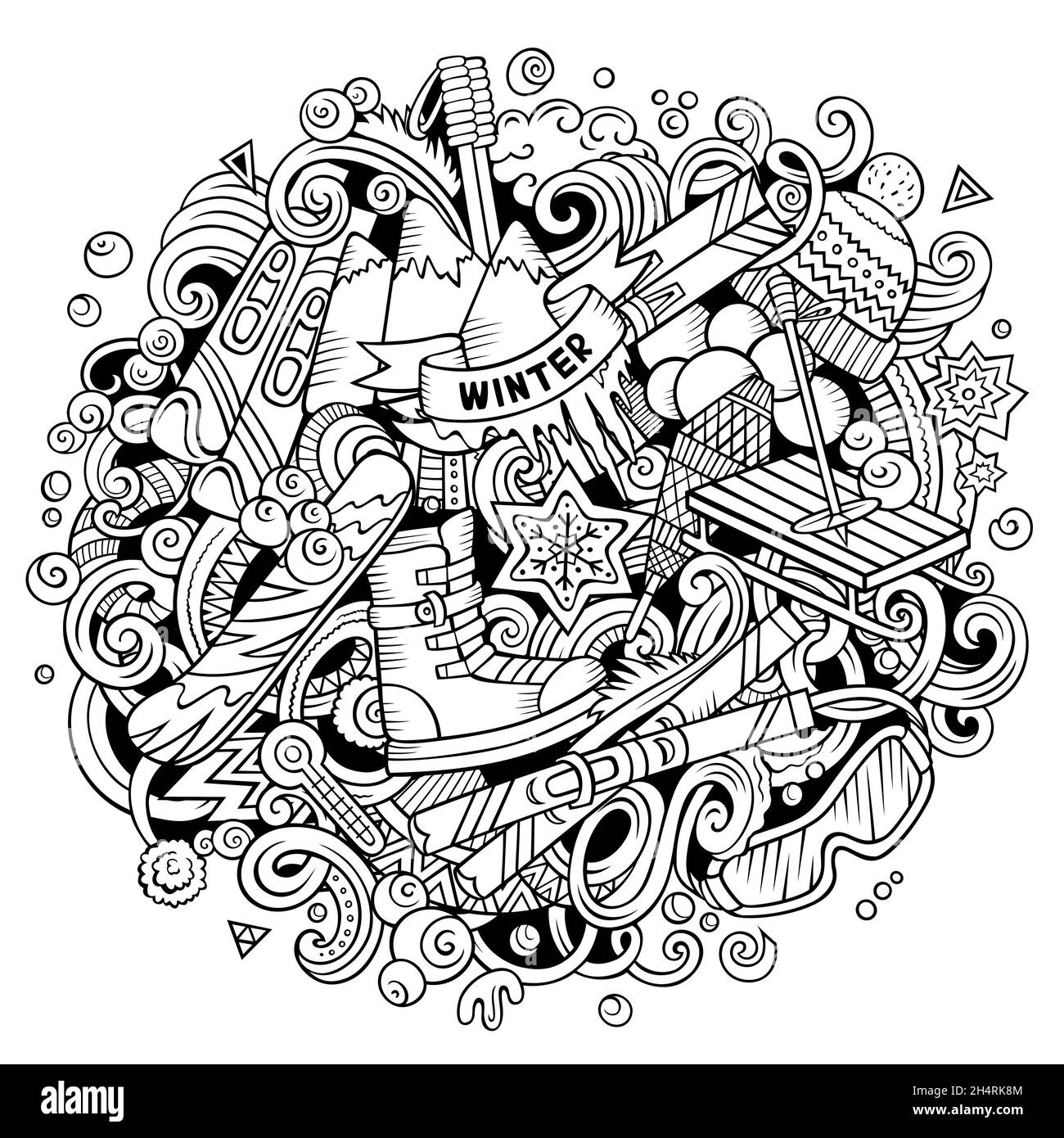 Ski Resort Handgezeichnete Cartoon-Kritzeleien Illustration. Lustige Objekte und Elemente Design. Kalte Jahreszeit Outdoor-Aktivitäten Elemente und Objekte Cartoon Bac Stock Vektor