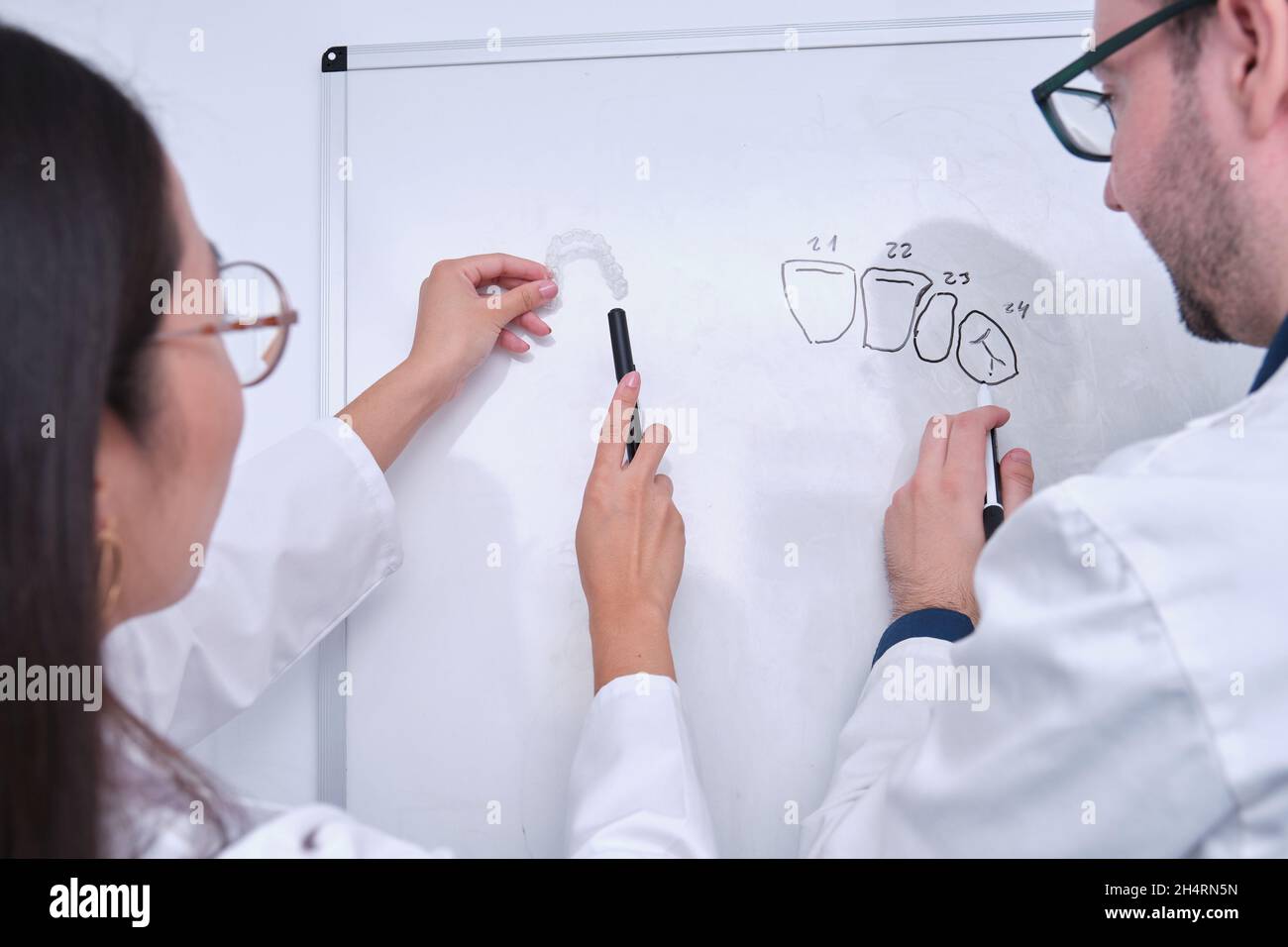Zwei zahnärztliche Forscher untersuchen die Zahnanatomie auf einem Whiteboard. Stockfoto