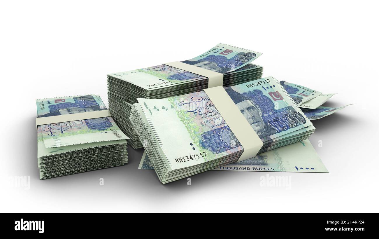 3D Stapel von 1000 Pakistan Rupie Noten isoliert auf weißem Hintergrund Stockfoto