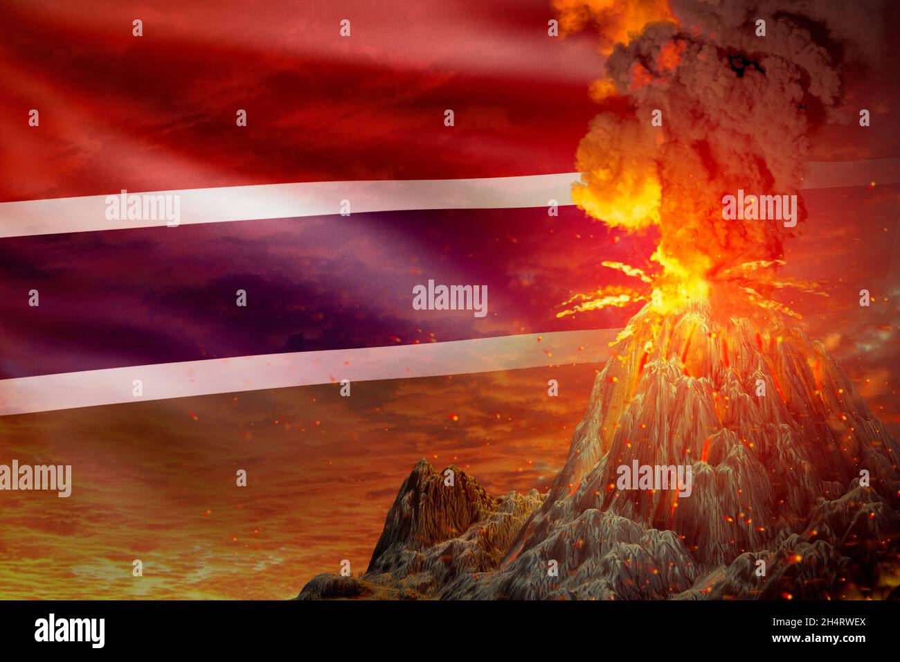 Großer Vulkanausbruch in der Nacht mit Explosion auf Gambia Flagge Hintergrund, Probleme der Katastrophe und vulkanisches Erdbeben Konzept - 3D-Illustration von Natu Stockfoto