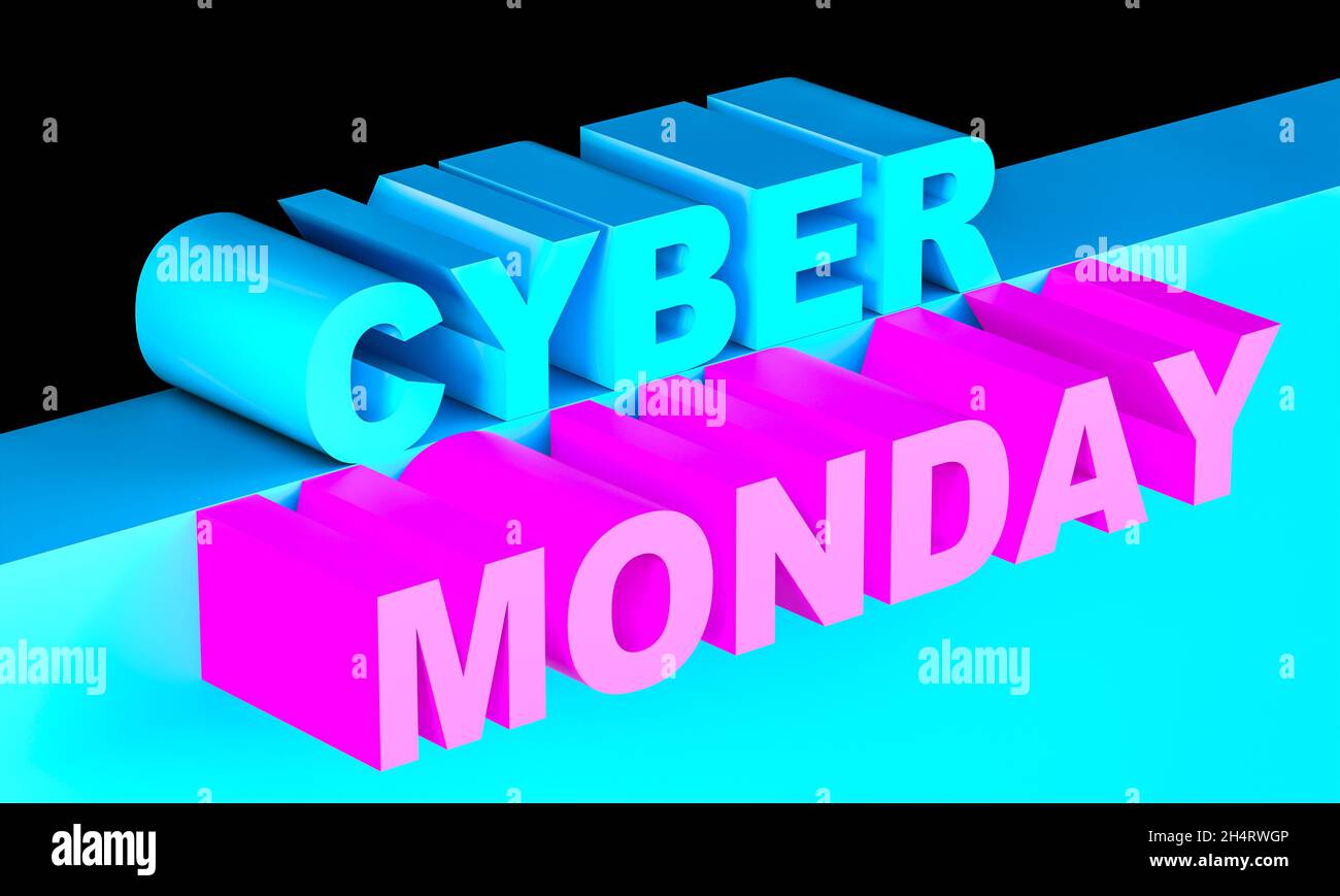 Cyber monday blau und fuchsia Schreiben auf schwarzem Hintergrund.3d Rendern Stockfoto