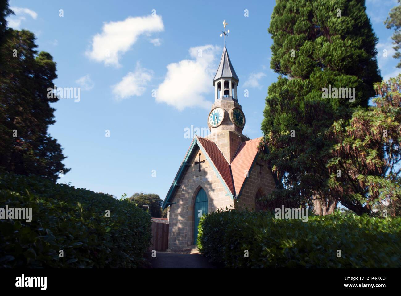 Uhrturm und Bäume und Hecken in Cragside, Rothbury, Northumberland, England, Großbritannien, Vereinigtes Königreich Stockfoto