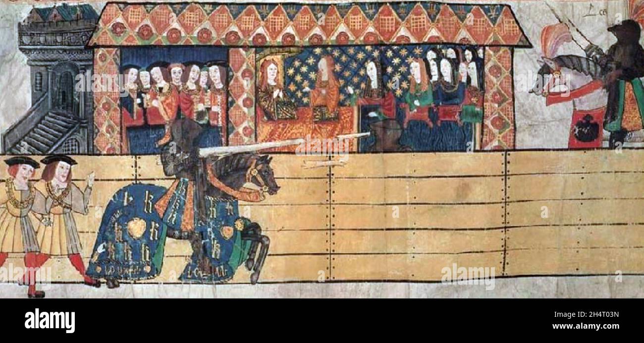 HENRY VIII (1491-1547), der von Katherine von Aragon vom College of Arms Westminster Tournament Roll von 1511 beobachtet wurde Stockfoto