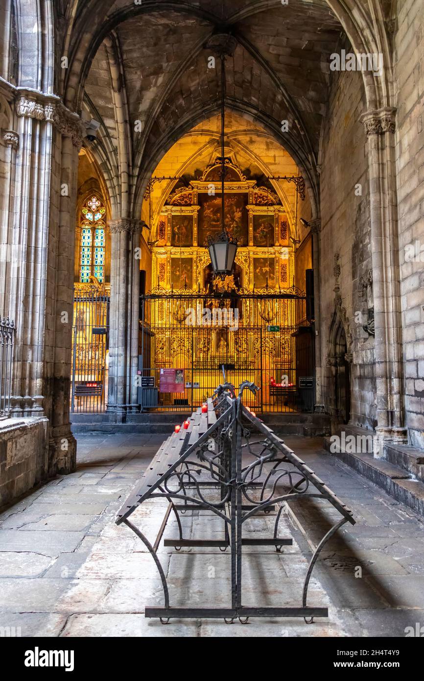 Barcelona, Spanien - 19. September 2021: Kreuzgang der Kathedrale des Heiligen Kreuzes und der Heiligen Eulalia in Barcelona Stockfoto