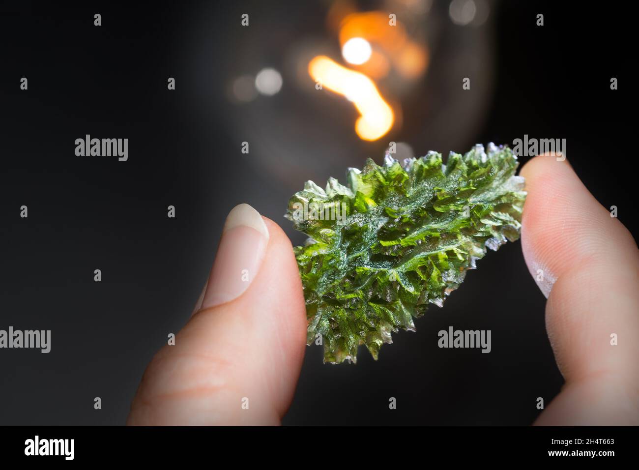 Seltener grüner Moldavit-Edelstein in menschlichen Fingern mit Glühlampe auf schwarzem Hintergrund. Nahaufnahme von schönem Edelstein aus faltenem kometenhaften Glas. Stockfoto