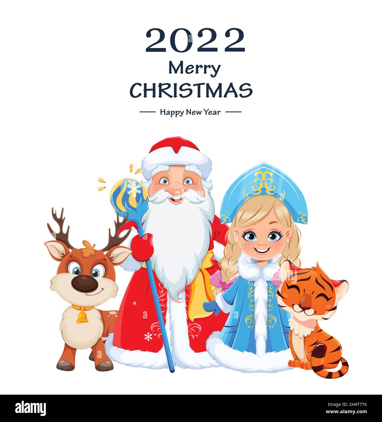 Frohes neues Jahr und Frohe Weihnachten. Der russische Vater Frost (Weihnachtsmann) und Snegurochka (Schneewittchen) stehen in der Nähe von Tiger und Hirsch. Niedliche Zeichentrickfigur Stock Vektor