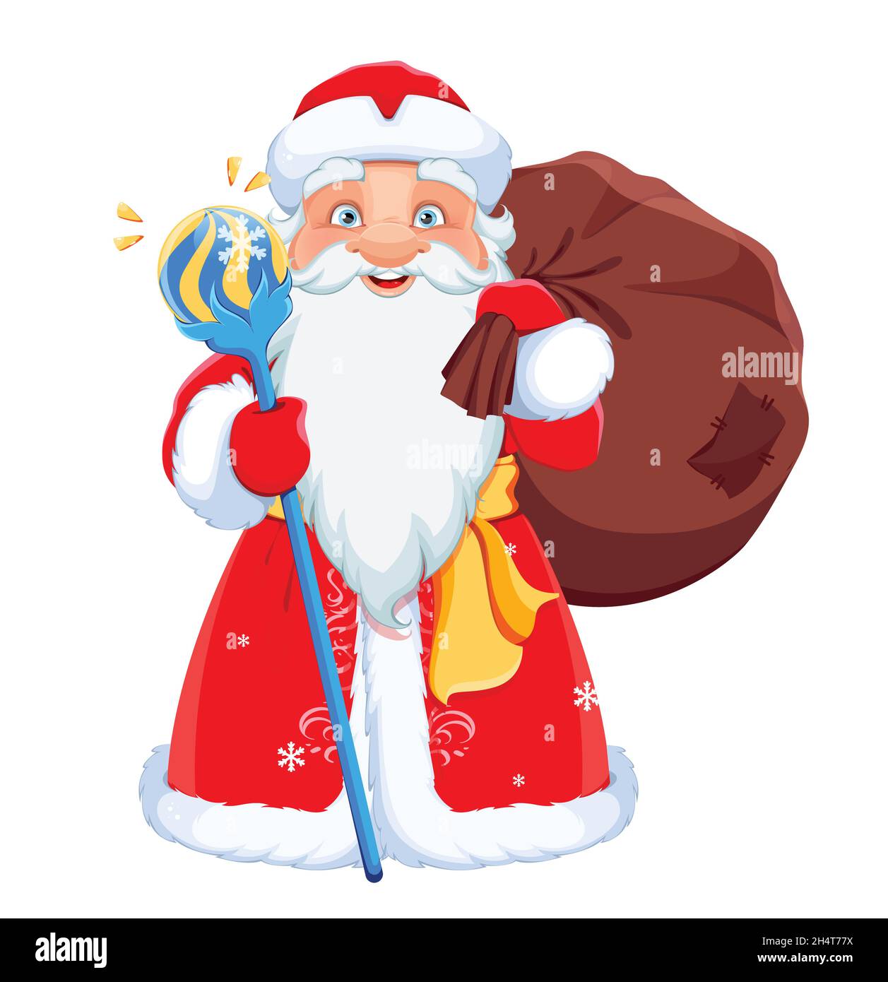 Frohe Weihnachten und Frohes neues Jahr. Russischer Weihnachtsmann Vater Frost. Niedliche Zeichentrickfigur für den Urlaub. Stock Vektorgrafik auf weißem Hintergrund Stock Vektor