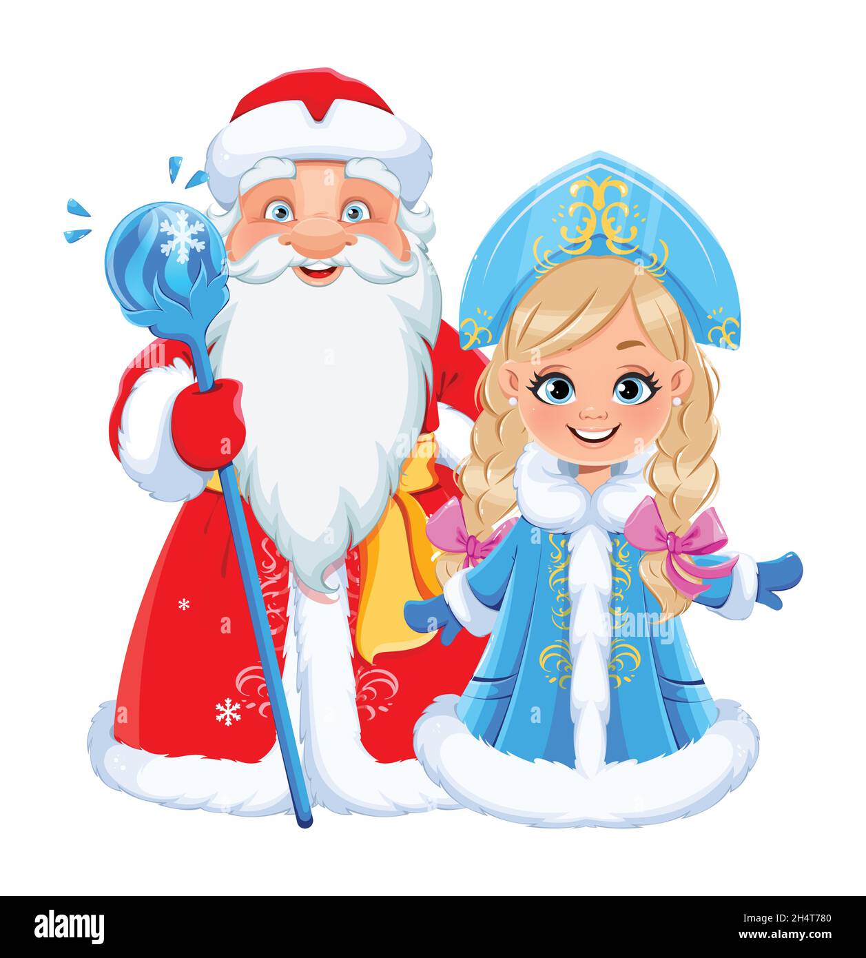 Frohes neues Jahr und Frohe Weihnachten. Der russische Vater Frost (Weihnachtsmann) und Snegurochka (Schneewittchen). Niedliche Comic-Figuren für den Urlaub. Lagerhaltung Stock Vektor