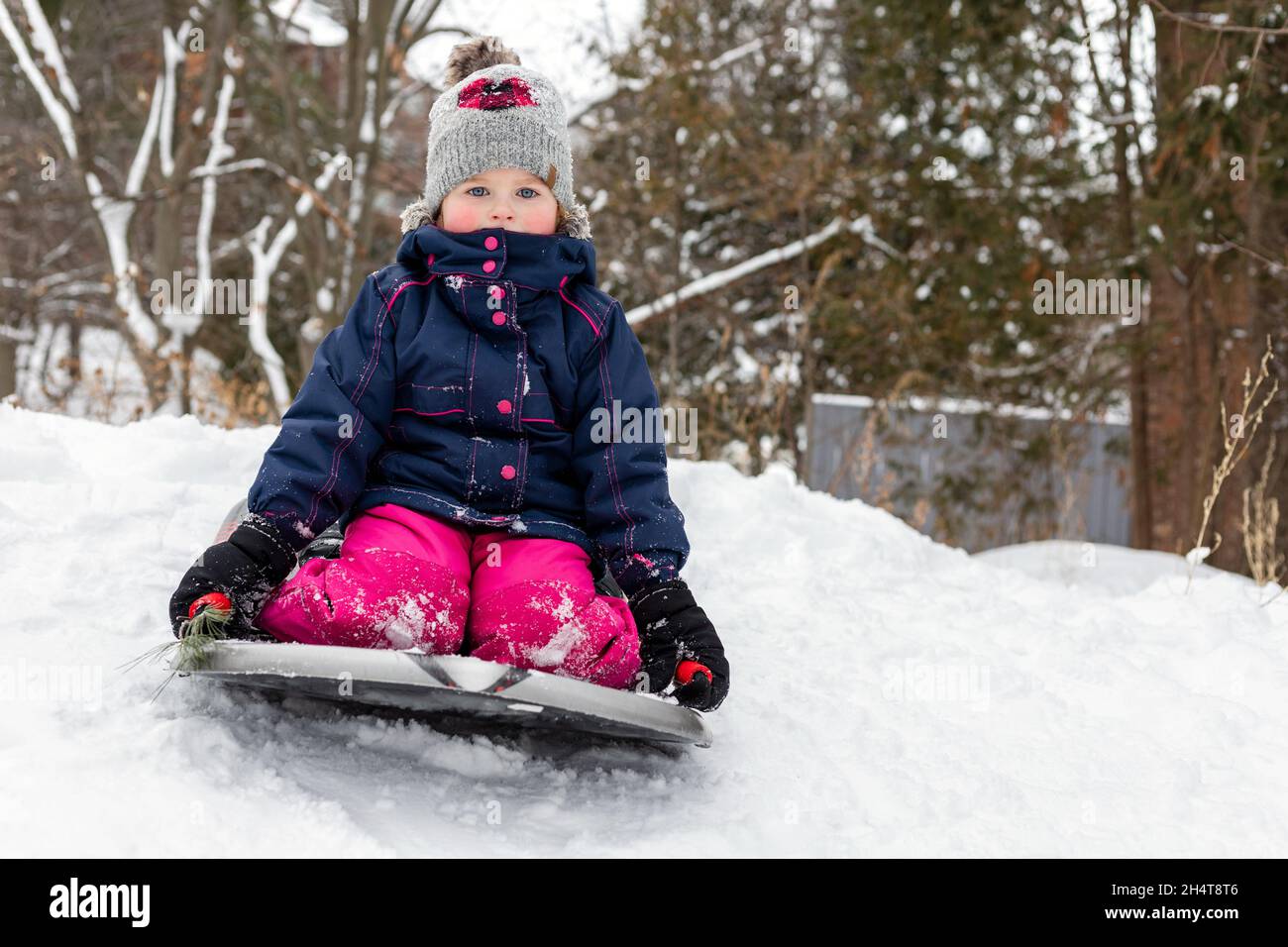 Kind, das im Winter bei schneebedecktem kaltem Wetter im Schlitten im Freien sitzt. Mädchen mit Rodel. Stockfoto