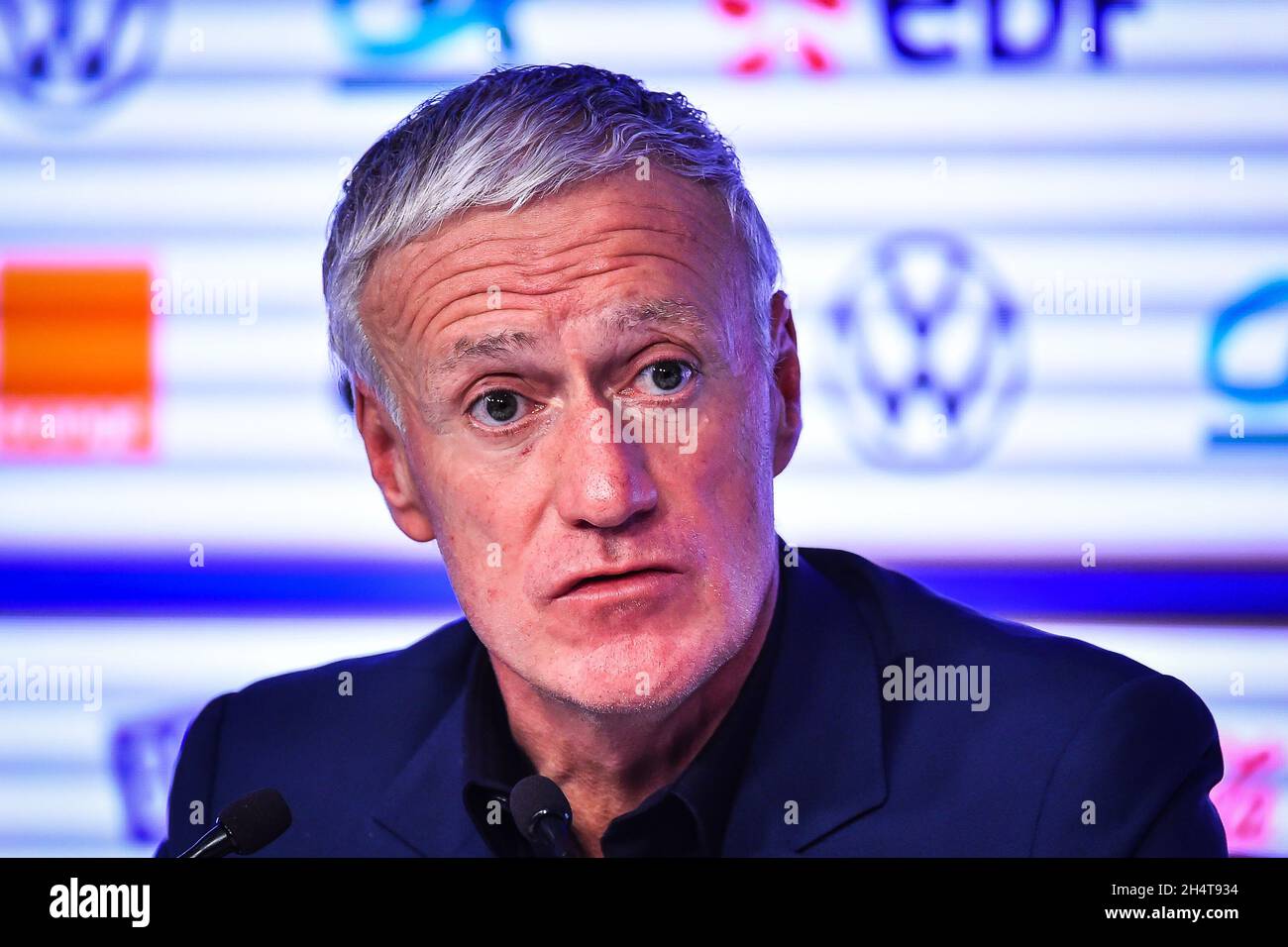 Paris, Frankreich, Frankreich. November 2021. Didier DESCHAMPS während der Bekanntgabe der Liste der ausgewählten Spieler für die WM 2022-Qualifikation am 13. Und 16. November 2021 beim französischen Fußballverband am 04. November 2021 in Paris, Frankreich. (Bild: © Matthieu Mirville/ZUMA Press Wire) Stockfoto