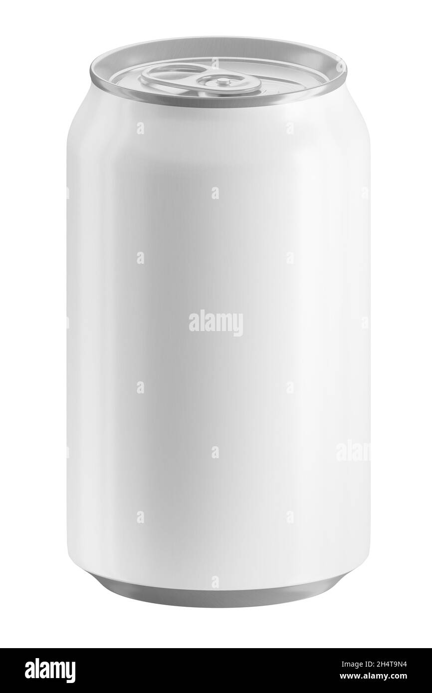 Weiße, vollmetallische Aluminium 330 ml Getränkedose isoliert auf weißem Hintergrund. Modellvorlage für Ihr Design. 3D-Rendering. Stockfoto