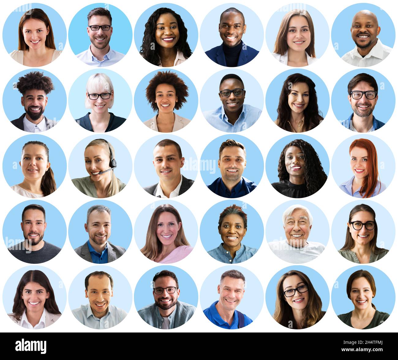People Headshot Face Collage. Verschiedene Avatare Auf Blauem Hintergrund Stockfoto People Headshot Face Collage. Verschiedene Avatare Auf Blauem Hintergrund Stockfoto