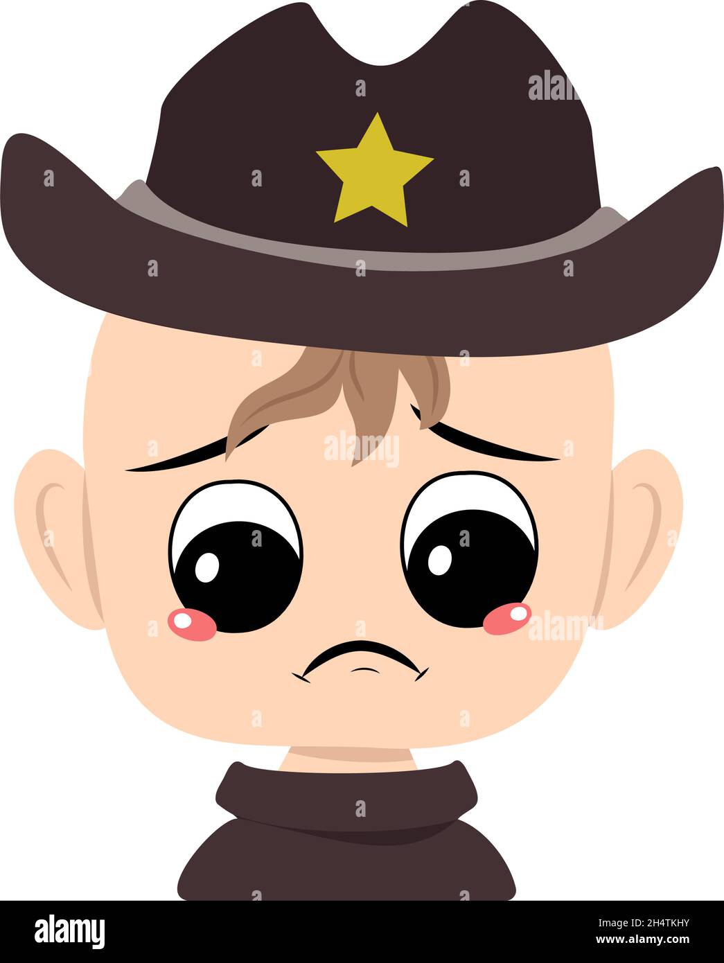 Junge mit Weinen und Tränen Emotion, trauriges Gesicht, depressive Augen in Sheriff Hut mit gelben Stern. Kopf von niedlichem Kind mit melinischem Ausdruck im Karnevalskostüm für den Urlaub Stock Vektor