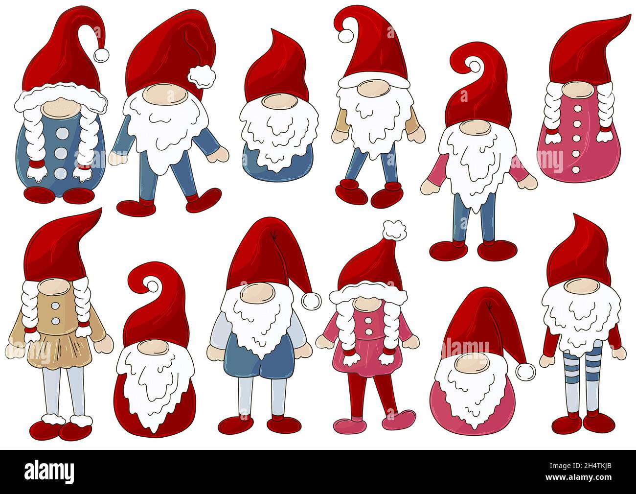 Gnome Vector Bundle. Große Sammlung von Zwergen auf Weihnachtsmann Hüte in handgezeichneten Stil. Satz von Vektorgrafiken für Ihr Design. Schild, Aufkleber, Stift Stock Vektor